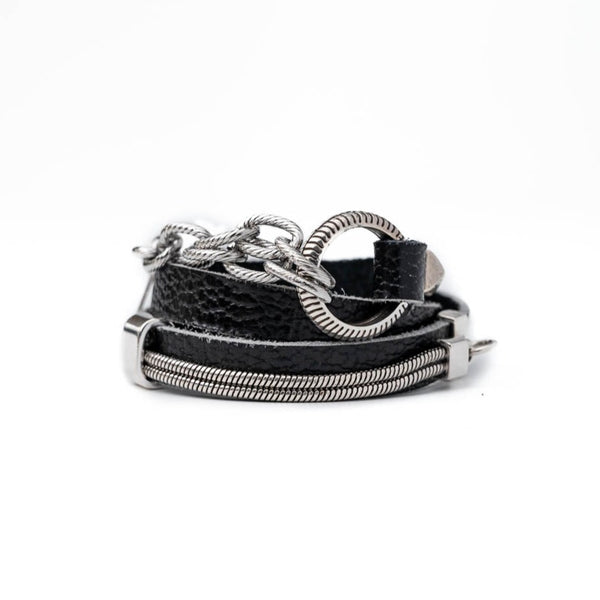 Black leather with stainless steel chains bracelet  (BR-456)