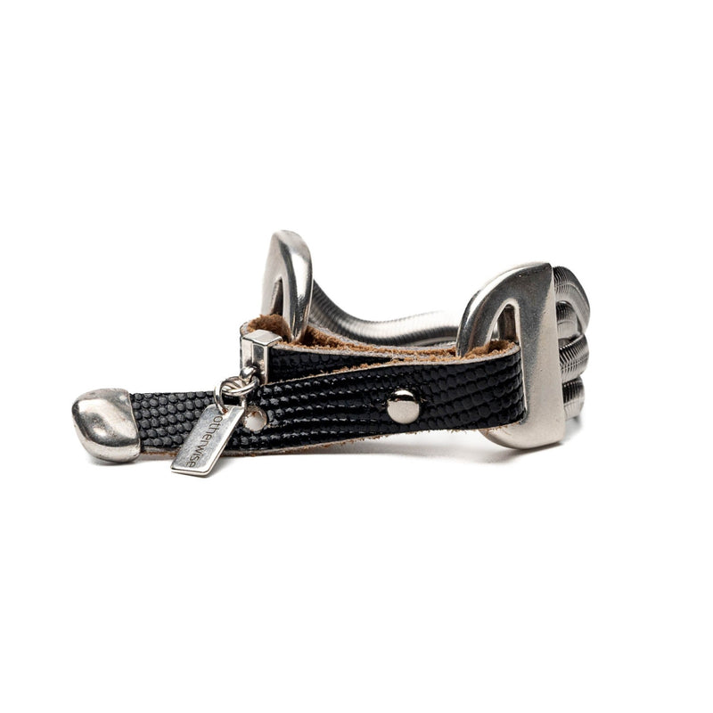 Bold snake chains bracelet with neutral woven leather band (BR-460)