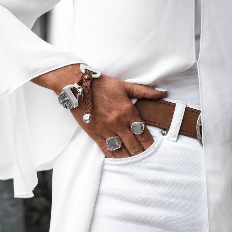 Bold snake chains bracelet with neutral woven leather band (BR-460)