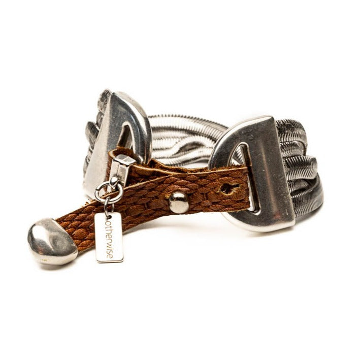 Bold snake chains bracelet with neutral woven leather band (BR-460)
