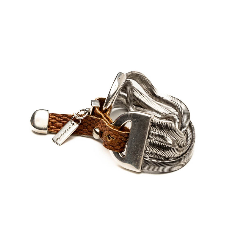 Bold snake chains bracelet with neutral woven leather band (BR-460)
