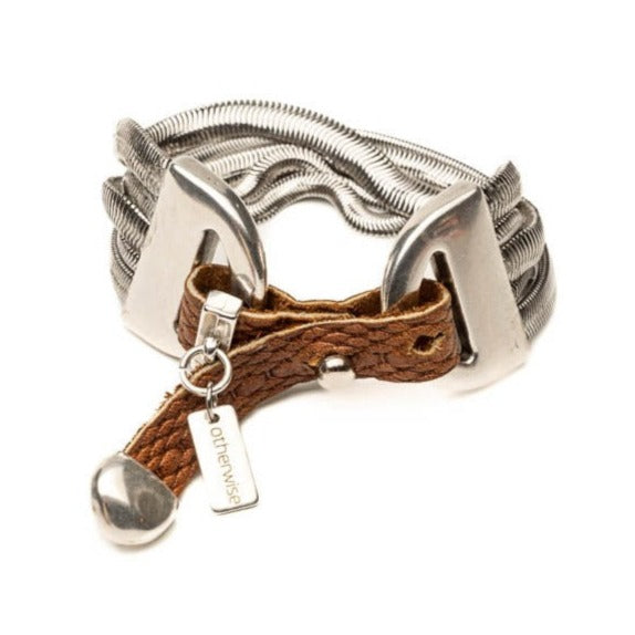 Bold snake chains bracelet with neutral woven leather band (BR-460)