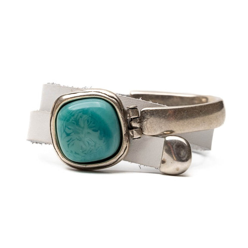 White leather wrap bracelet with turquoise resin stone bracelet (BR-464)