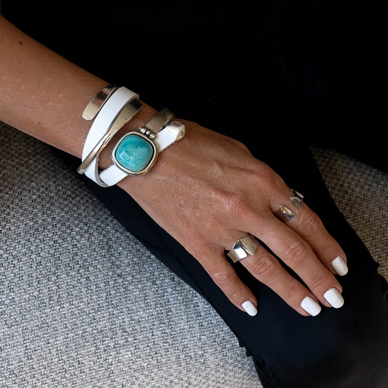White leather wrap bracelet with turquoise resin stone bracelet (BR-464)