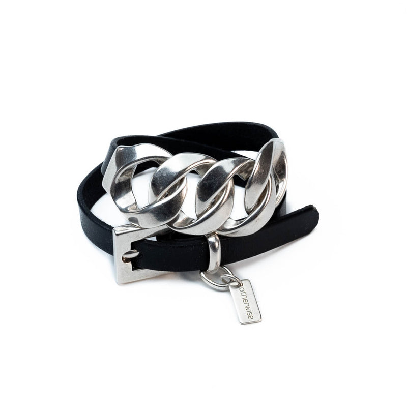 Bracelet with genuine black leather and chunky links (BR-468)