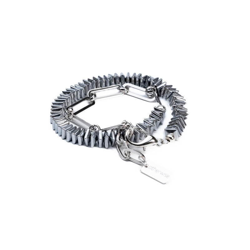 Wrap around leather bracelet with chains, wrap hematites bracelet, and silver bangle (BR-455, BR-470, BR-134)