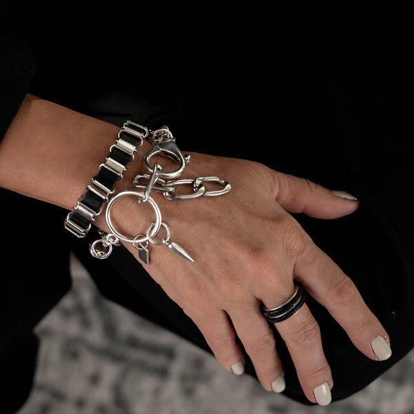 Bracelet with oval stainless steel link chain with leather (BR-478)