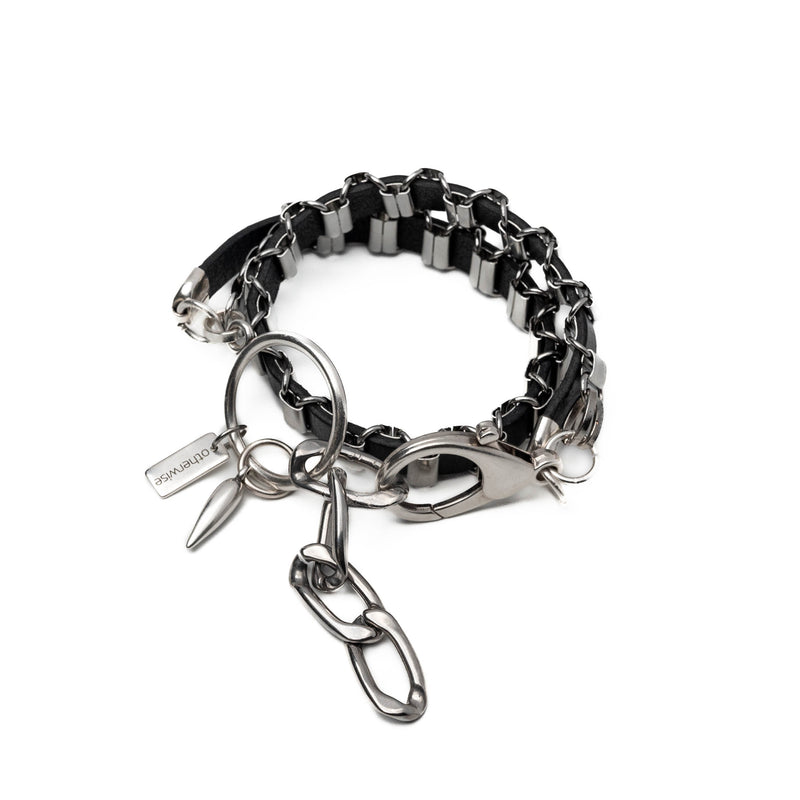 Bracelet with oval stainless steel link chain with leather (BR-478)