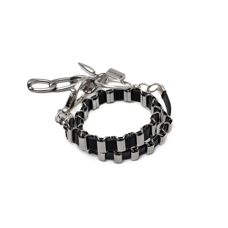 Bracelet with oval stainless steel link chain with leather (BR-478)