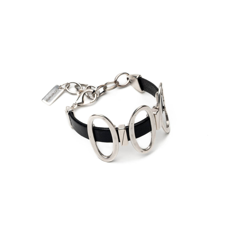 Black leather cuff bracelet with metal oval elements (BR-482)