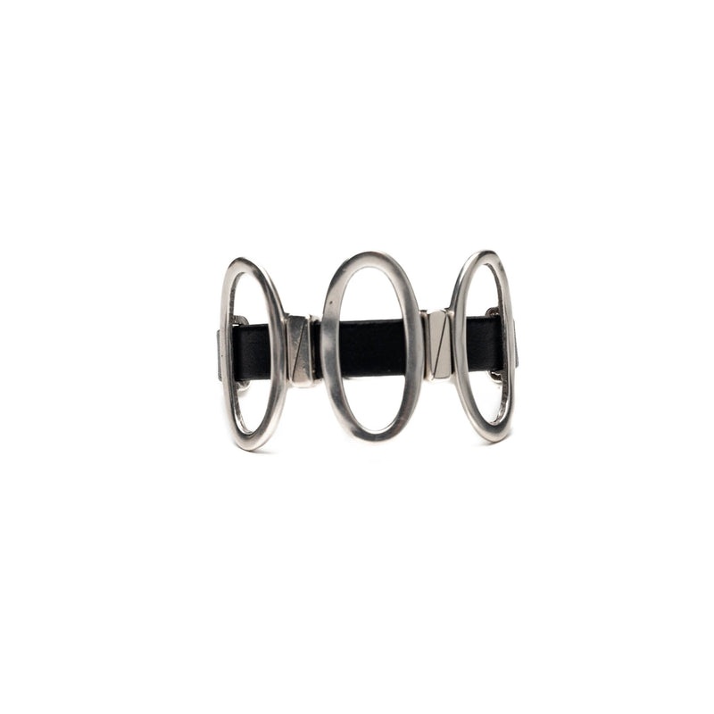 Black leather cuff bracelet with metal oval elements (BR-482)