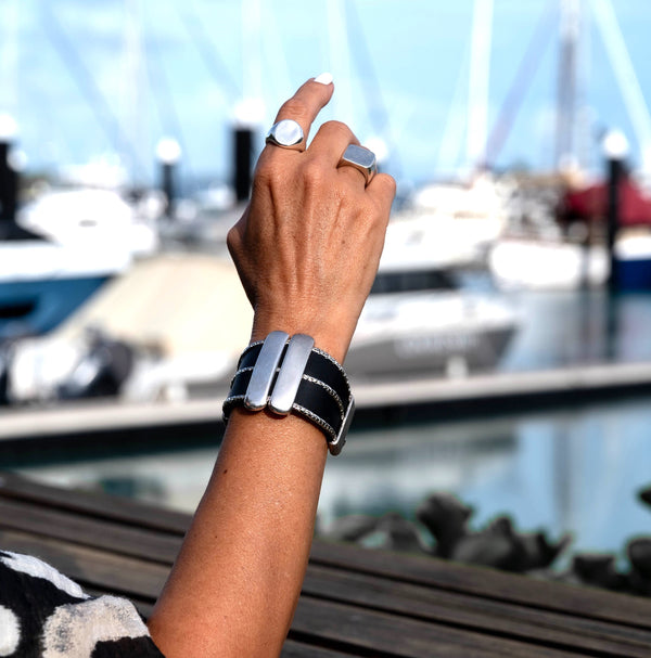 Soft black leather bracelet with heavy silver-plated metal bars (BR-483)