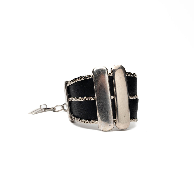 Soft black leather bracelet with heavy silver-plated metal bars (BR-483)