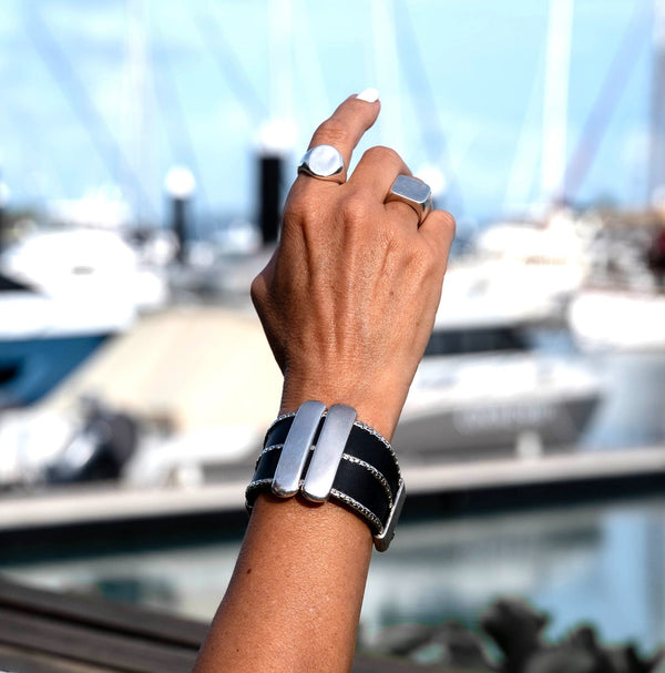 Rock style wide leather cuff with silver-plated metal bars, Unisex statement leather and metal bracelet
