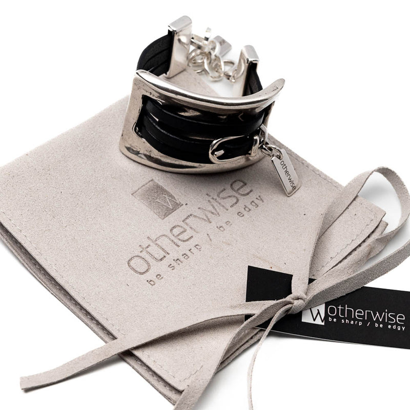 Bracelet with soft black leather strips and metal design (BR-488)
