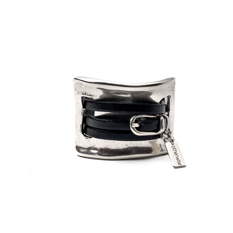 Bracelet with soft black leather strips and metal design (BR-488)