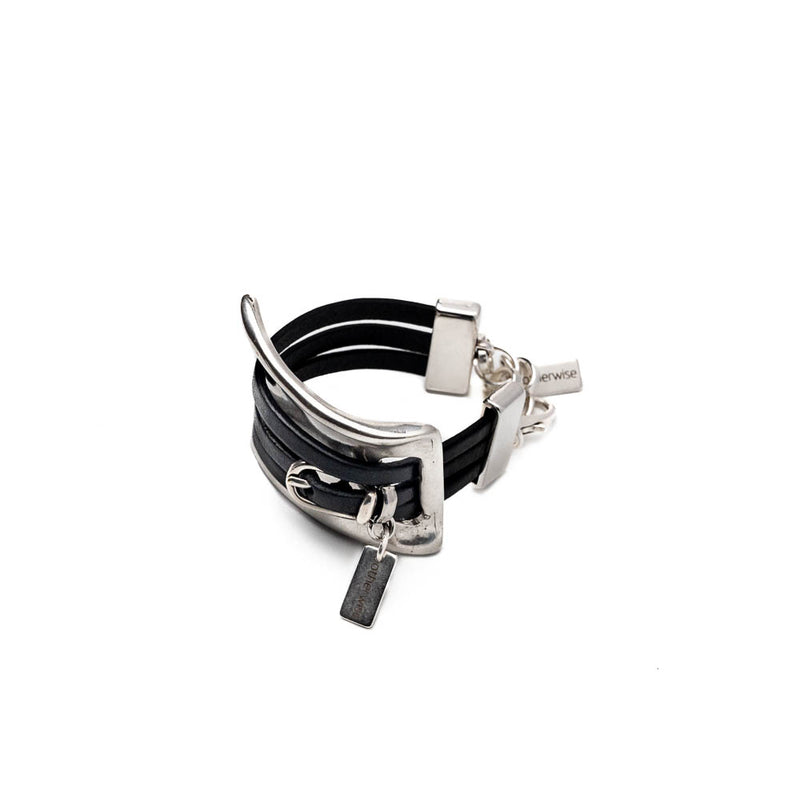 Bracelet with soft black leather strips and metal design (BR-488)