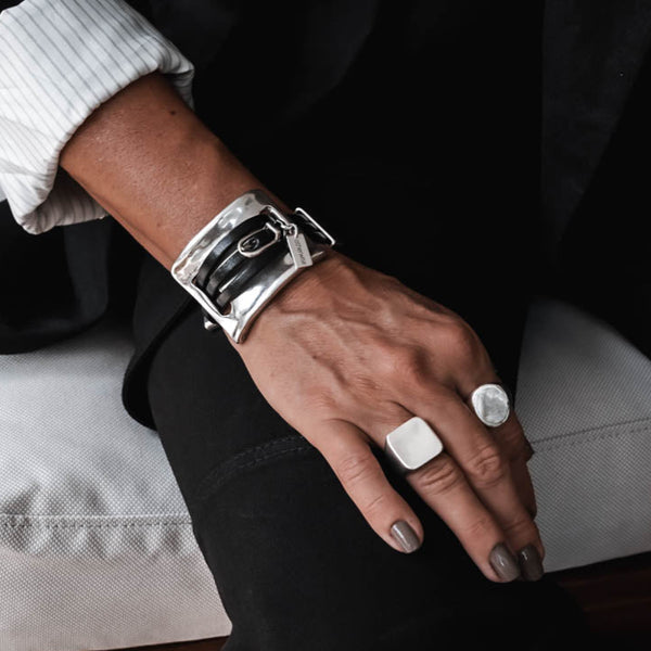 Uno de 50 style statement bracelet, Large metal and leather cuff, Unisex gift, edgy and bold jewelry, Unique standout cuff