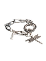 Chunky silver bracelet featuring a detailed dragonfly pendant on a heavy-duty link chain.