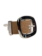 Textured beige leather buckle bracelet with a wide cuff design, polished silver buckle, and adjustable closure.