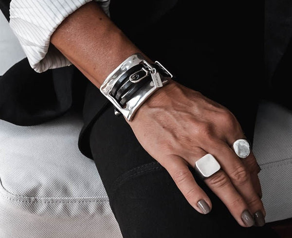 Uno de 50 style statement bracelet, Large metal and leather cuff, Unisex gift, edgy and bold jewelry, Unique standout cuff