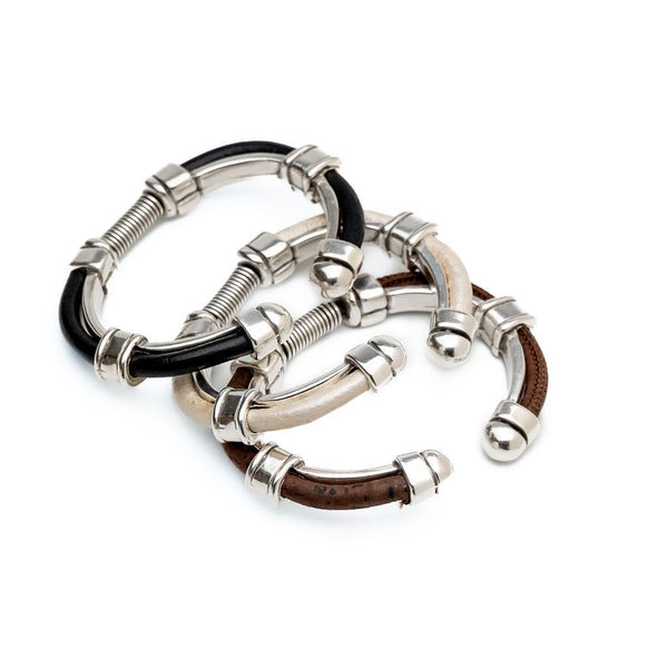 Leather and metal cuff, modern stacked bracelet, leather bangle in white/black/brown, perfect gift bangle to complement other bracelets