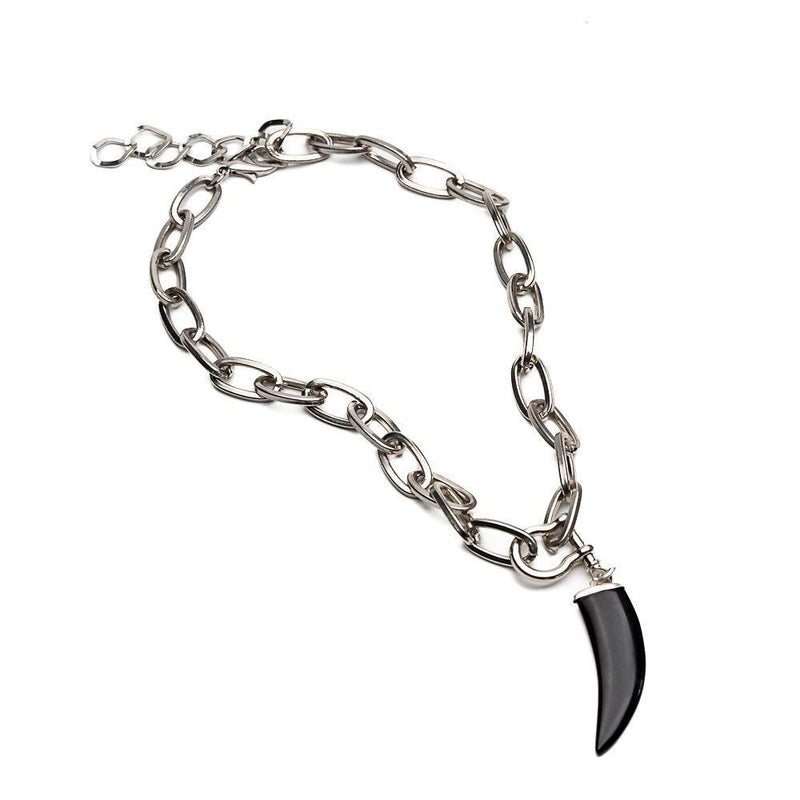 Brutalist Necklace with gemstone tooth pendant, Edgy Agate pendant hangs from chunky steel chain with U bolt shackle