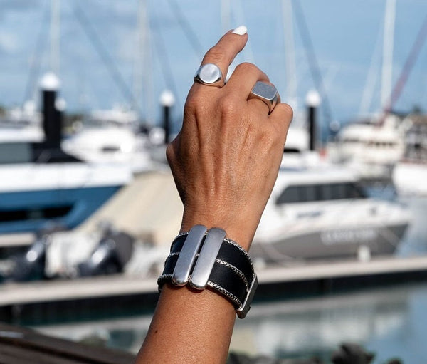 Rock style wide leather cuff with silver-plated metal bars, Unisex statement leather and metal bracelet