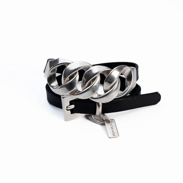Double wrap leather and chain Bracelet, Chunky link chain cuff with buckle