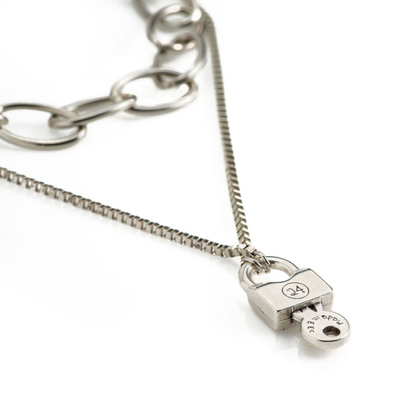 Trendy silver-plated necklace with chains and key and padlock pendant, unique gift for woman