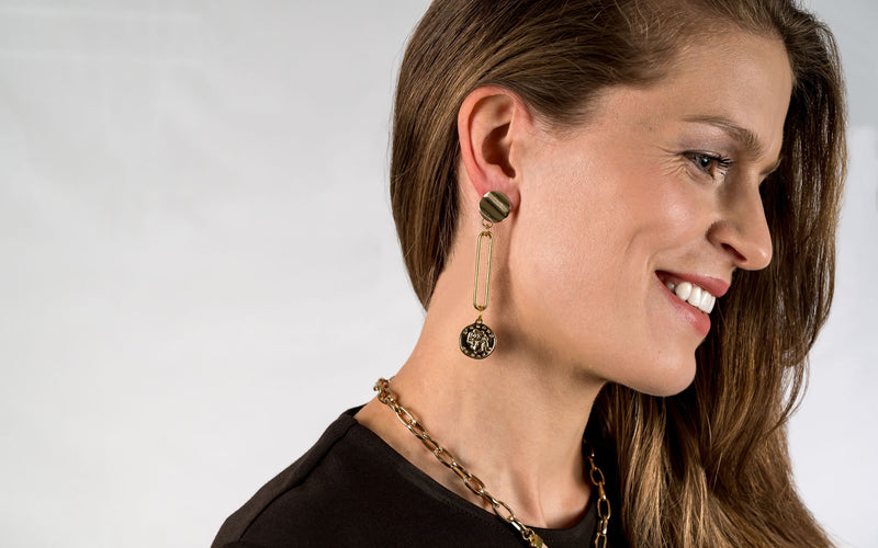 Classy gold-plated coin pendant earrings, caramel toned long earrings for a classy look, great Christmas gift for woman