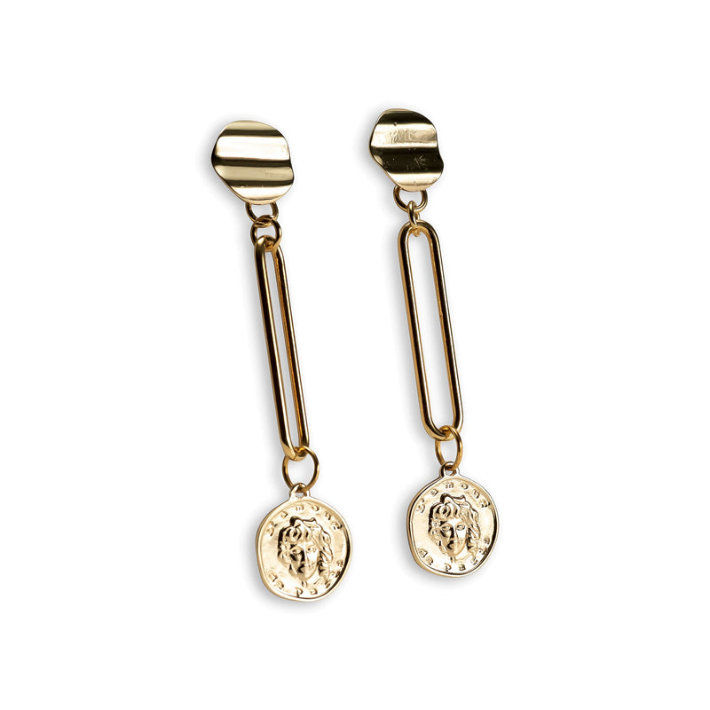 Classy gold-plated coin pendant earrings, caramel toned long earrings for a classy look, great Christmas gift for woman