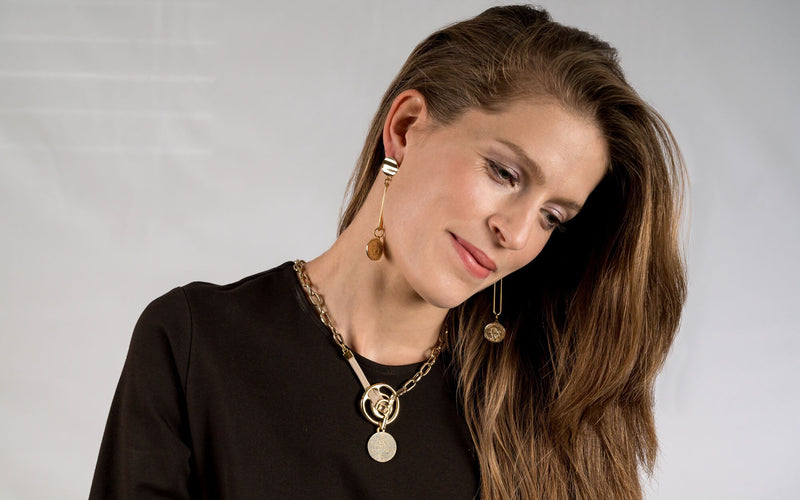 Classy gold-plated coin pendant earrings, caramel toned long earrings for a classy look, great Christmas gift for woman