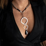 Edgy chic choker Necklace with metal and leather and Austrian crystal pendant, Unique classy necklace for her