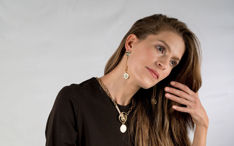 Classy gold-plated coin pendant earrings, caramel toned long earrings for a classy look, great Christmas gift for woman