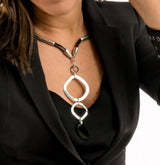 Edgy chic choker Necklace with metal and leather and Austrian crystal pendant, Unique classy necklace for her