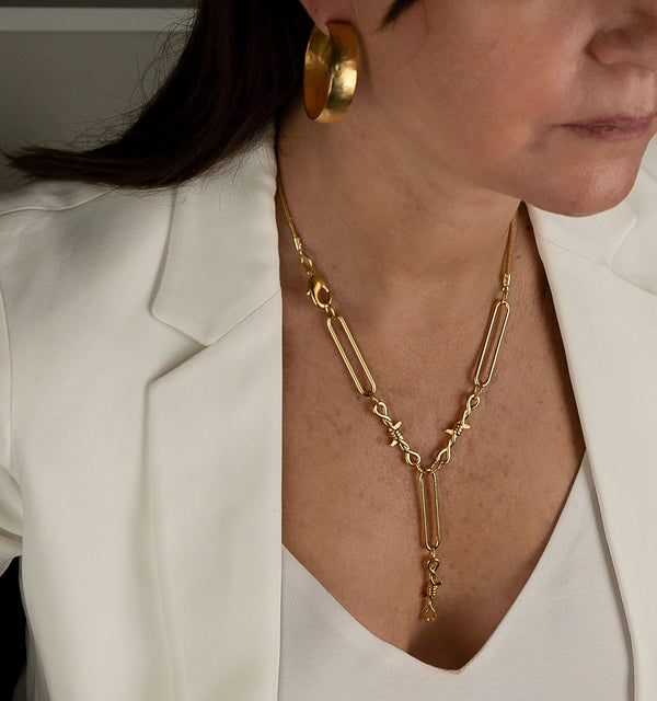 Edgy Chic gold necklace, Funky double knot necklace