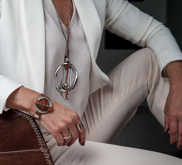 Long brown leather and ball chain Necklace, Unique asymmetrical metal design Necklace