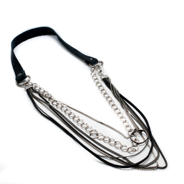 Necklace with multiple strands of leather and chains for a standout look, layering necklace