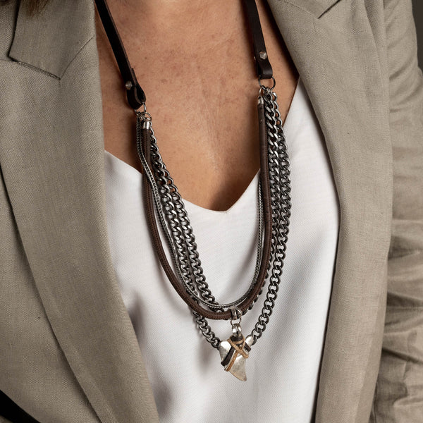 Necklace with metal tooth and iron chains, Gun Metal Chain Necklace, Unique Necklace, Strong Necklace, Rock style necklace, Gift for women