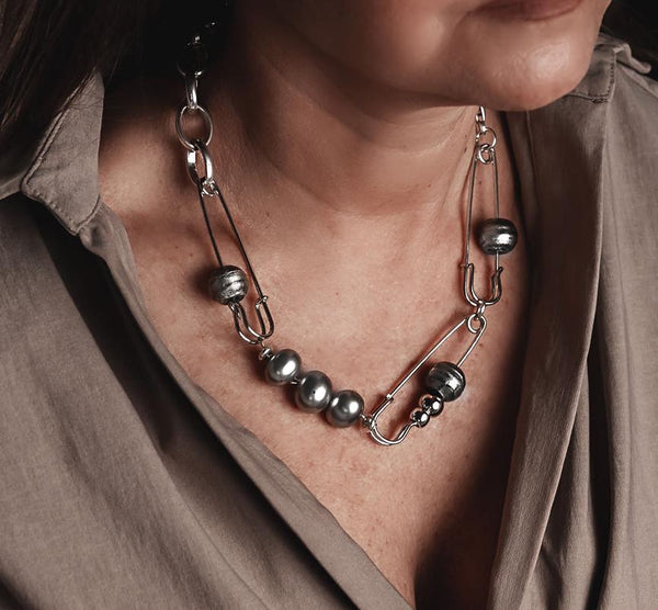 Edgy Chic Shell Pearls and Glass beads Necklace with safety pins and stainless steel chain, Unique Choker,