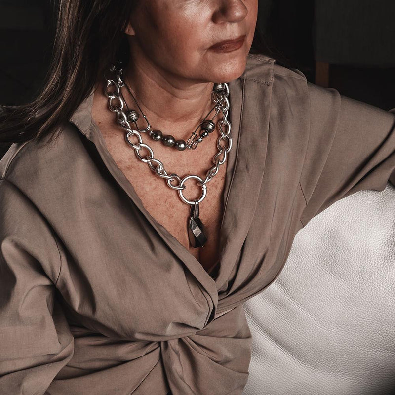 Edgy Chic Shell Pearls and Glass beads Necklace with safety pins and stainless steel chain, Unique Choker,