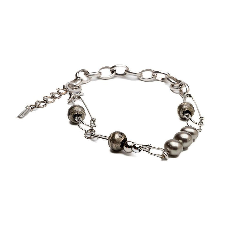 Edgy Chic Shell Pearls and Glass beads Necklace with safety pins and stainless steel chain, Unique Choker,