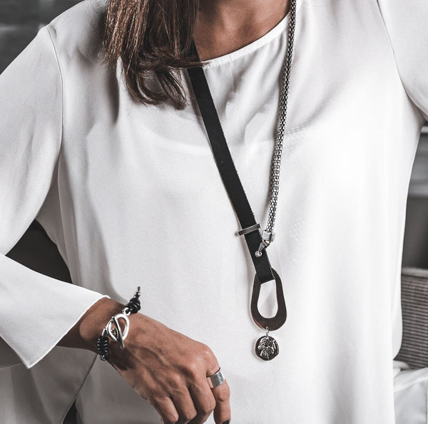Edgy soft black leather Necklace with irregular shaped design and coin pendant, Gift for Christmas, Standout necklace