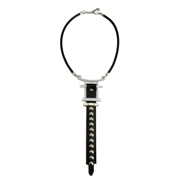 Rock style chocker necklace made of a sturdy metal design and black leather with studs