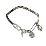 Silver safety pin box chain necklace with pendants, Rock style chunky choker and charms