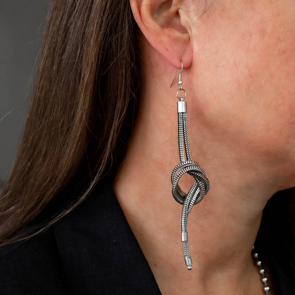Snake chains knot earrings, Silver-Tone Knotted Chains Linear Drop Earrings, Long statement earrings