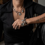 Silver safety pin box chain necklace with pendants, Rock style chunky choker and charms