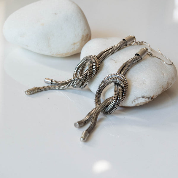 Snake chains knot earrings, Silver-Tone Knotted Chains Linear Drop Earrings, Long statement earrings