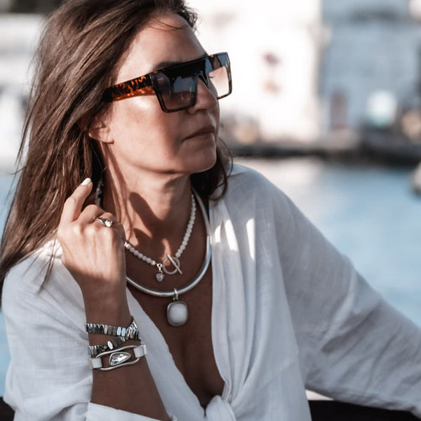 White and silver necklaces and bracelet set, Lava and Crystal stones set, Simple Luxury, Edgy Chic, Classy statement pieces